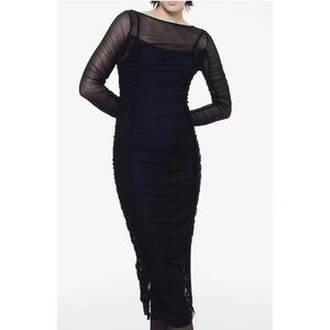 Black gathered mesh bodycon dress